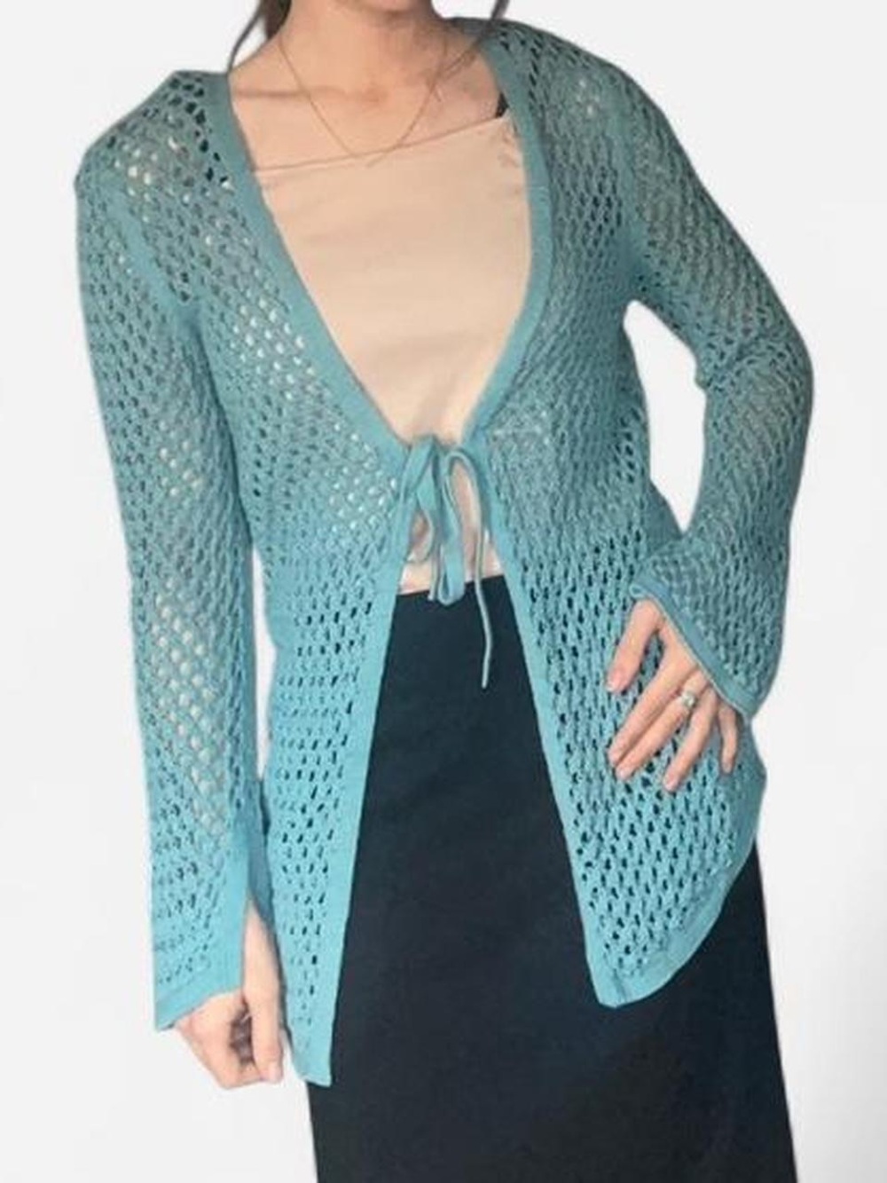 American Eagle vintage Y2K teal open knit tie front crochet cardigan size M